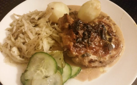 Chops with pizzasalad and cucumber